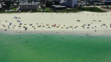 Flight over the beach and people swimming in the sea during the hot summer. People sitting under yellow umbrellas hiding from the sun. The beginning of the tourist season and the beach season. video