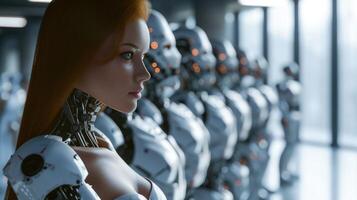 AI generated Cyborg woman stands amidst a row of robots in the background, Ai Generated. photo