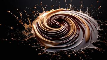 AI generated Luxurious melted chocolate swirl with dynamic splashes creates a delectable visual masterpiece. Ai Generated. photo