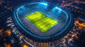 ai generado aéreo ver de un fútbol estadio en el noche un cautivador Deportes panorama. crepúsculo seducir, ai generado. foto