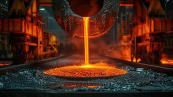 AI generated Molten steel flows from a metallurgical ladle, glowing and dynamic in its industrial journey. Ai Generated. photo