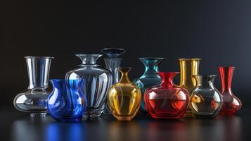 AI generated Shiny glass vases stand elegantly against black backdrop, reflecting sophistication. Ai Generated photo