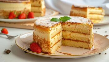 AI generated Real shot captures the essence of a delectable cake and its inviting slices. Ai Generated photo