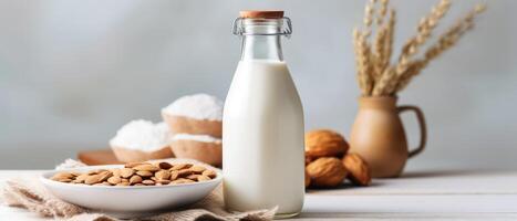 AI generated Fresh almond milk, glass bottle, rye bread, stone table. Ready for cooking, Ai Generated. photo