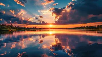 AI generated A lake bathed in a gorgeous sunset, bright clouds ablaze, nature's fiery spectacle, Ai Generated. photo