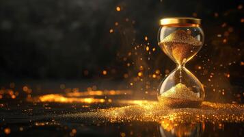 AI generated Illustration of a golden hourglass against a dark background, symbolizing the concept of time, Ai Generated. photo