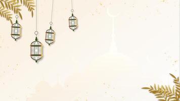 Ramadã islâmico fundo dourado lanternas suspensão a partir de galhos do Palma folhas animação fundo video