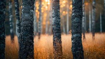 AI generated Birch trunks stand tall in a field, a bokeh background adds a dreamy allure, Ai Generated. photo