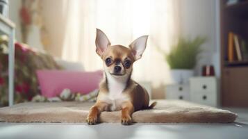 ai generado linda chihuahua descansa en un blanco alfombra, infundir el vivo habitación con chiquita canino encanto, ai generado. foto