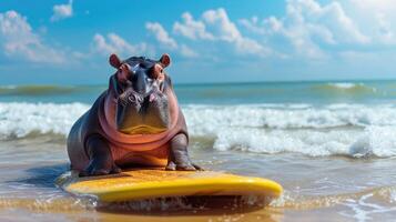 AI generated A cute hippopotamus surfer enjoys a fun-filled summer day at the beach, riding waves with enthusiasm, Ai Generated. photo