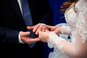 Bride is putting golden ring on groom's finger during wedding ceremony. Hands of a loving couple with wedding rings photo