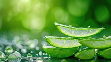 AI generated Slices of aloe vera placed on a lush green background, showcasing the plant's natural freshness and vitality, Ai Generated. photo