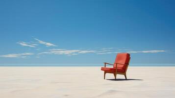 ai generado solitario rojo silla en arenoso playa debajo claro azul cielo, tranquilo serenidad. ai generado foto