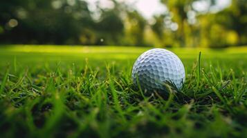 ai generado golf pelota de cerca en césped, detallado ver de Deportes precisión. ai generado. foto