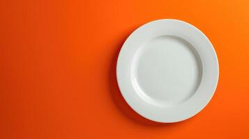 AI generated Top-down view of a white empty plate placed on a vibrant orange background, creating a striking contrast, Ai Generated. photo