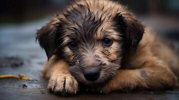 AI generated An abandoned, wet, and hungry dog finds solace as it cuddles a small kitten, Ai Generated. photo