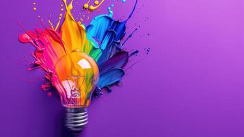 AI generated Imaginative concept featuring a colorful lightbulb crafted from liquid paint on a vibrant purple background, Ai Generated. photo