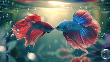 AI generated 3D-rendered red and blue fighting fish swimming gracefully in an aquatic environment, Ai Generated. photo