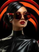 AI generated Fashion model sunglass or face. A woman confidently poses wearing sunglasses and a sleek black dress. photo