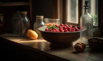 AI generated Bowl of fresh red raspberries sits on wooden counter in kitchen with window and bottle of olive oil in the background. photo