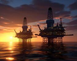 AI generated Oil production in the sea at sunset photo