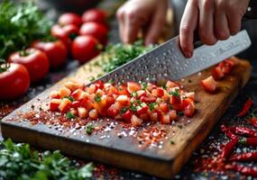 AI generated Close-up red pepper on board of woman cooking. A person skillfully chops vibrant tomatoes on a sturdy wooden cutting board. photo
