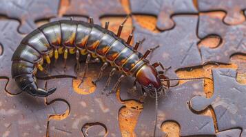 AI generated Cute millipede engrossed in a jigsaw puzzle, adding a whimsical touch, Ai Generated. photo