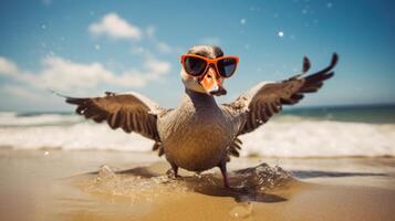 AI generated Experience the intensity of an goose leaping onto the beach in a stunning close-up photo, Ai Generated. photo