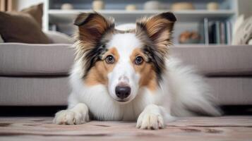 AI generated A cute Collie rests on a white living room carpet. Ai Generated. photo