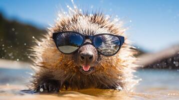 ai generado peculiar puerco espín se contonea sobre el playa, haciendo alarde de moda Gafas de sol, un inesperado playa compañero, ai generado. foto