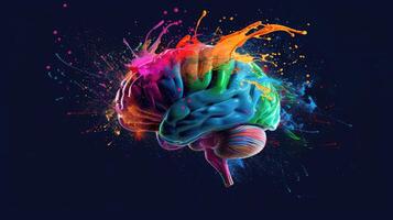 AI generated Colorful paint splashes and drops adorn a human brain, symbolizing creativity and thought. Artistic, Ai Generated. photo