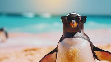 ai generado ilustrando clima cambiar, un pingüino en Gafas de sol soportes en un soleado playa, un surrealista escena, ai generado. foto