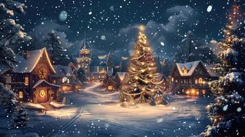 AI generated Vintage-style Christmas village twinkles at night, a fairy-tale snow wonderland unfolds, Ai Generated. photo