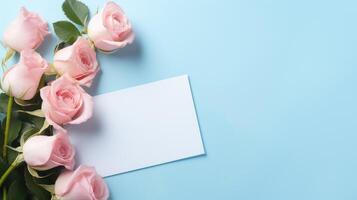 AI generated Serene composition of pink roses and a blank card on pastel blue. Ai Generated photo