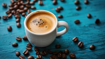 AI generated Aromatic Coffee Cup Amidst Beans on Blue Background, Ai Generated photo