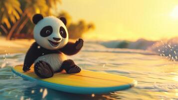 AI generated A cute panda surfer enjoys a fun-filled summer day at the beach, riding waves with enthusiasm, Ai Generated. photo