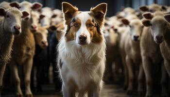 AI generated Cute puppy looking at camera, surrounded by herd in meadow generated by AI photo