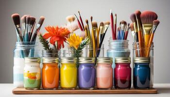 AI generated A vibrant collection of colorful paint jars on a wooden table generated by AI photo