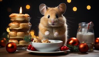 AI generated Cute mammal enjoys sweet food on decorated table at night generated by AI photo