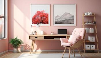 AI generated Modern apartment with bright pink background, comfortable chair, and elegant decor generated by AI photo