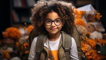 ai generado sonriente niños disfrutando naturaleza, inocencia y felicidad en otoño generado por ai foto