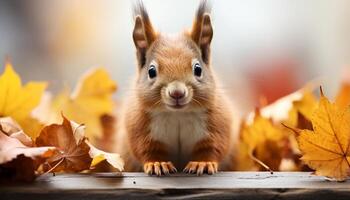 ai generado linda pequeño roedor sentado en otoño hoja en el bosque generado por ai foto