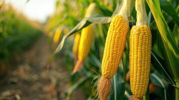 AI generated Corn cobs stand tall in a lush corn plantation field, ripe for harvest, Ai Generated. photo