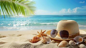 ai generado un Paja sombrero, Gafas de sol, y conchas marinas en un arenoso tropical playa, enmarcado por palmas en contra el océano. ai generado. foto