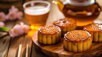 AI generated Moon cakes symbolizing tradition and unity at the Mid-Autumn Festival, Ai Generated. photo