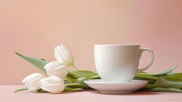 AI generated coffee cup, white tulips, and a single egg on pastel pink. Ai Generated photo