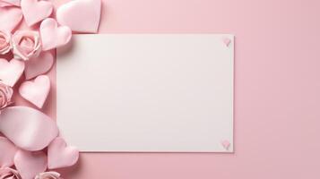 AI generated pink roses bordering a blank white card on a soft pink backdrop. Ai Generated photo