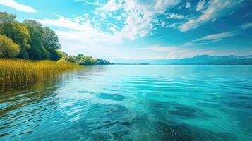 ai generado calma turquesa lago debajo un soleado cielo un sereno refugio. tranquilo belleza, ai generado. foto