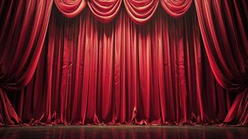 AI generated A red stage curtain gracefully drapes, promising anticipation and the allure of the performance, Ai Generated. photo