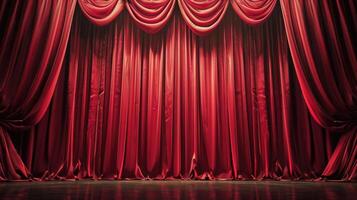 AI generated A red stage curtain gracefully drapes, promising anticipation and the allure of the performance, Ai Generated. photo